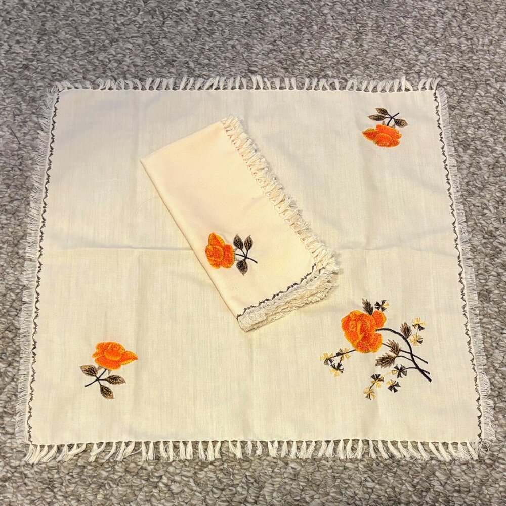 Pair of Vintage Floral Embroidered Cloth Napkins